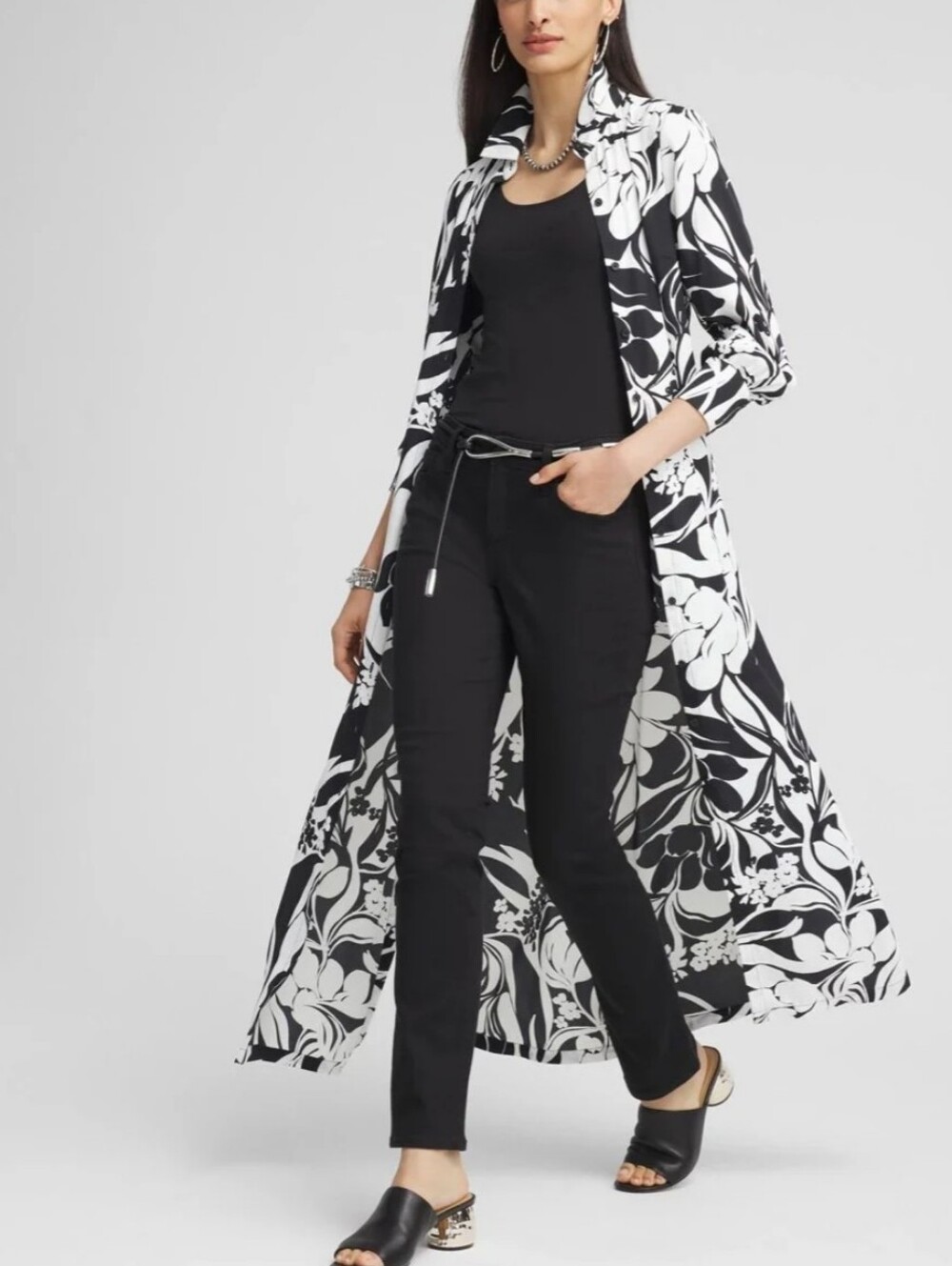 Chico's Foiliage Maxi Shirt Button-Front Dress Black White Longsleeve Pockets - Picture 8 of 17